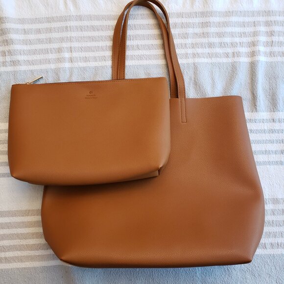 Artisan vegan leather tote with clutch, brown - Picture 8 of 9